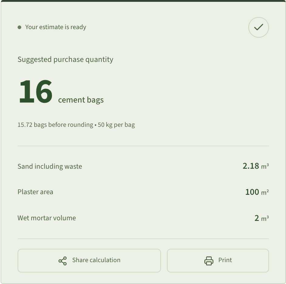 Worked example result: How many cement bags for 100 m² of plaster?