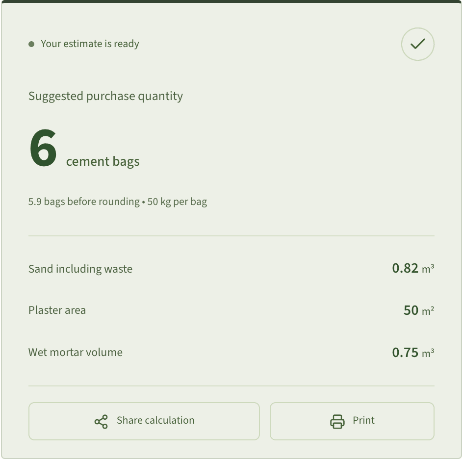 Worked example result: Premixed plaster bags vs cement bags: quantity calculation