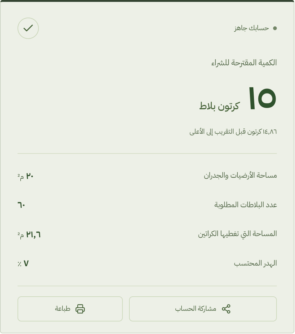 نتيجة حساب المثال: كم كرتون بلاط لغرفة ٤ × ٥؟