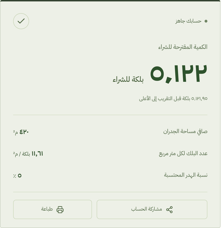 نتيجة حساب المثال: كم بلكة أحتاج لفيلا دورين؟ مثال محسوب